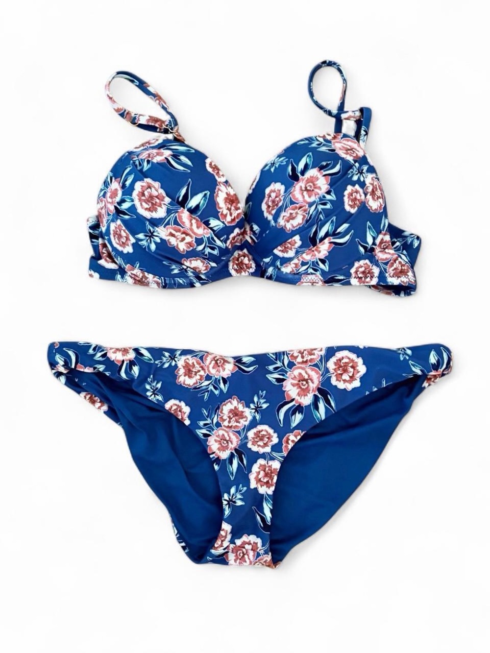 Raisins blue bikini swimwear w pink/white floral print Sz L